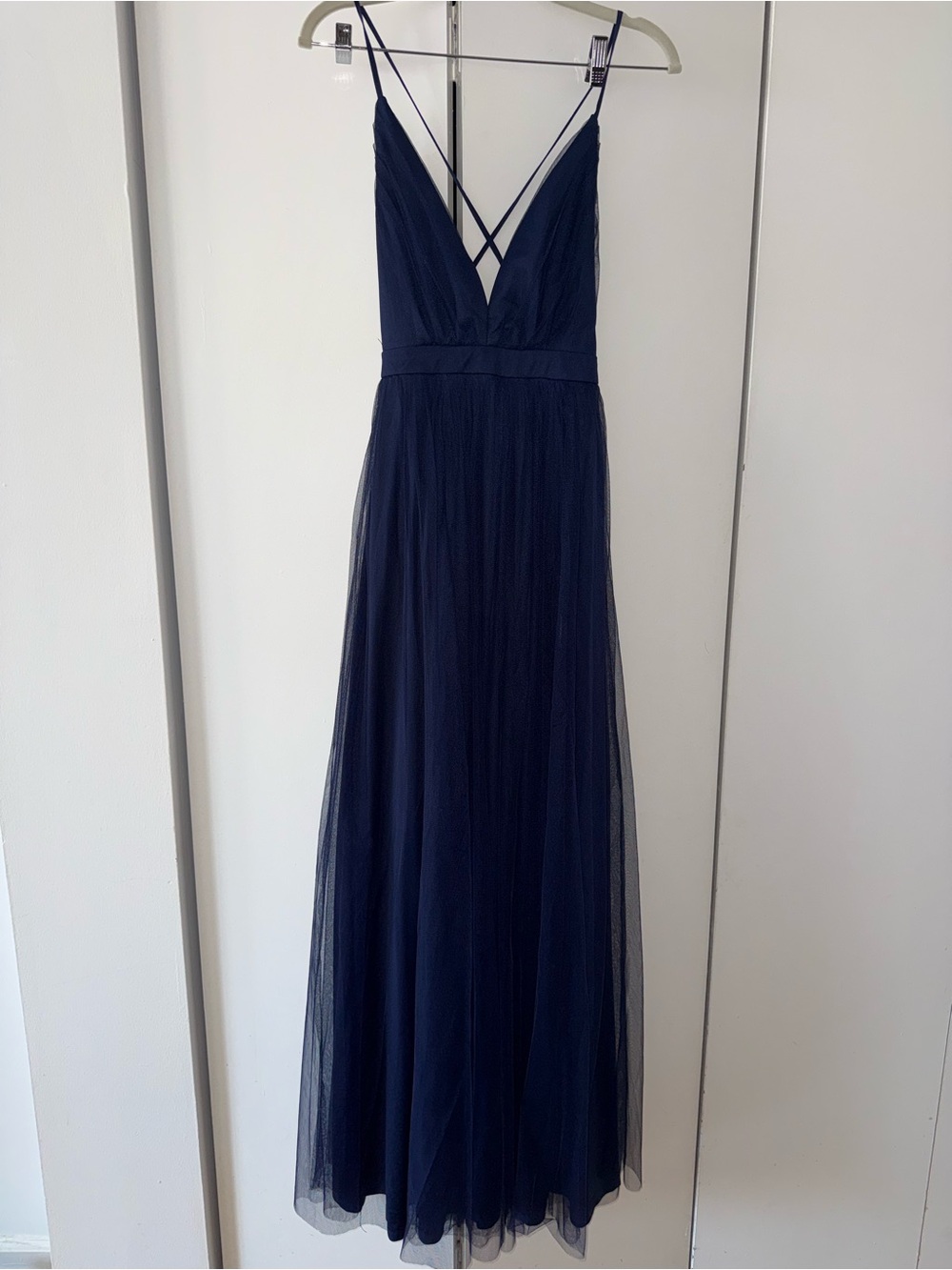 Size S Navy V-Neck Tulle Evening Dress